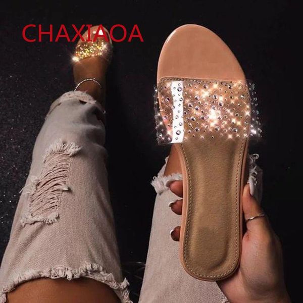 

slippers chaxiaoa pvc transparent women luxury rhinestone comfort slides ladies summer beach shoes casual flats female, Black