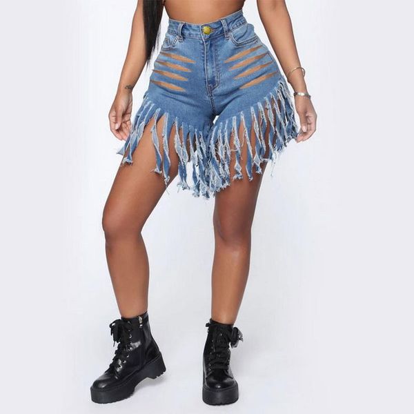 

women's jeans ripped tassel shorts women denim casual pant holes short pants, Blue