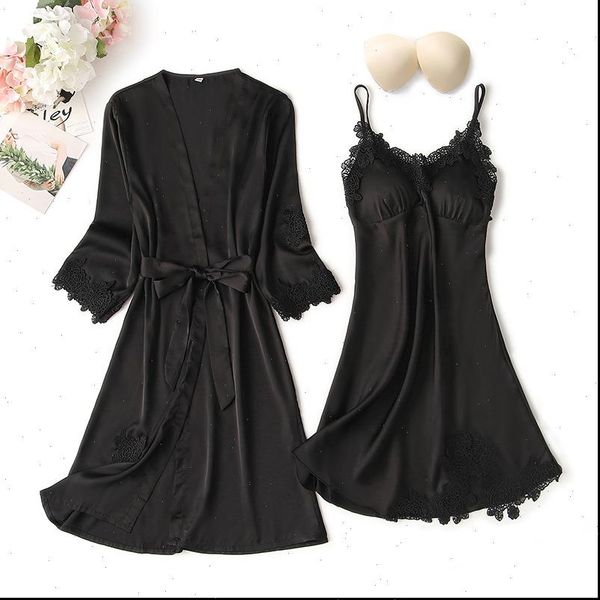 

summer pajamas suit autumn women sleepwear nightgown sets nightdress bathrobe with chest pad female satin kimono bath gown, Black;red