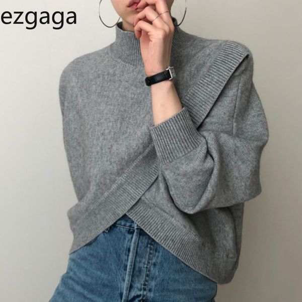 

ezgaga women knitted sweater chic turtleneck criss-cross irregular solid long sleeve pullover office lady loose fashion autumn 210430, White;black