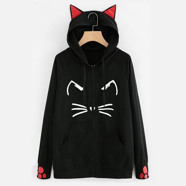 

women's hoodies & sweatshirts zip-up hoodie women jacket cute cat printed sweatshirt zipper pocket casual hooded coat autumn harajuku s, Black