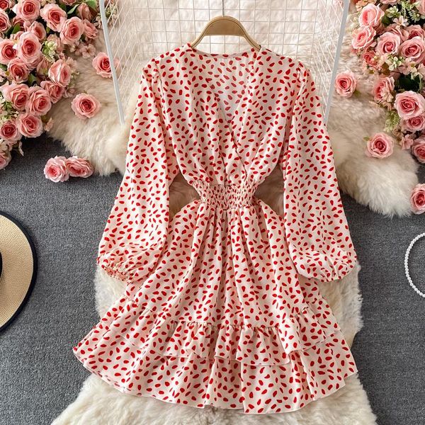 

casual dresses ruffle dress kawaii floral v neck chiffon woman mini party long sleeve autumn winter for women 2021 korean fashion, Black;gray