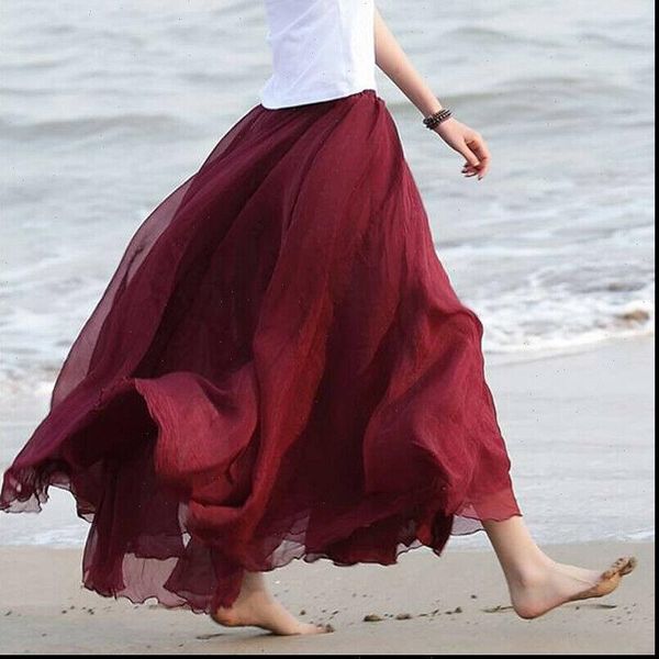 

sell women skirt long skirts casual boho double layer chiffon sundress beach maxi ropa mujer, Black