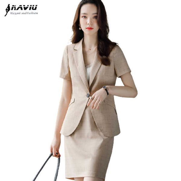 

short sleeve suit thin summer temperament business formal slim blazer and skirt office ladies work wear 210604, White