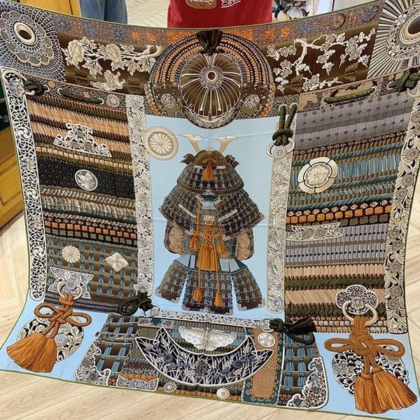 

scarves winter female scarf pashmina luxury 60% cashmere 40% silk 135*135cm samurai armor print hand-rolled shawl bandana, Blue;gray