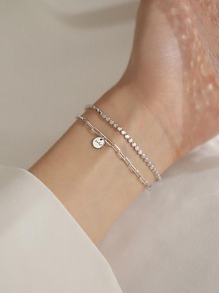 

link, chain s925 sterling silver bracelet with double lucky round card simple design cold wind jewelry for female, Black