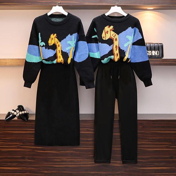 

two piece dress autumn winter arrival women knitted suits casual o-neck knit cartoon pullover sweater+knee-length skirts, White