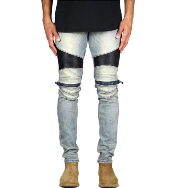 

men's jeans moto zipper biker knee skinny stretch fashion casual, Blue