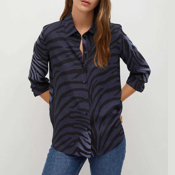 Za zebra impressão vintage camisa mulheres manga comprida lapela colar de escritório senhora top feminino moda botão montado camisas 210602