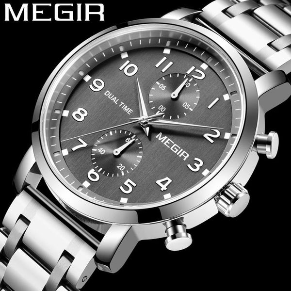 

wristwatches megir watch men waterproof chronograph military army male clock stainless steel man sport wristwatch gift 2160, Slivery;brown