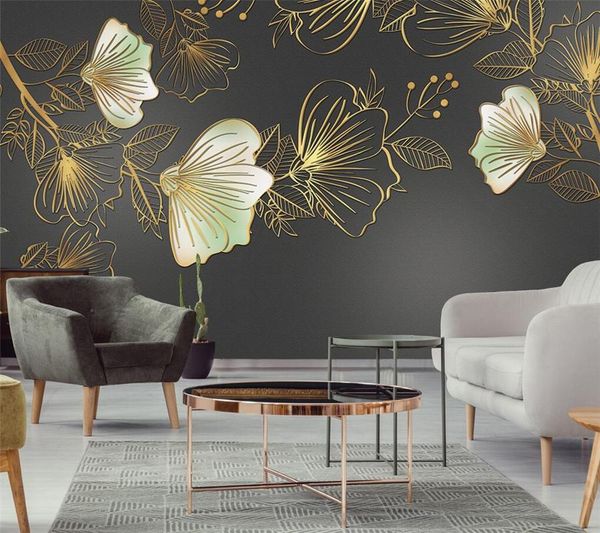 

wallpapers customized wallpaper 3d modern light luxury golden embossed line flower mural living room bedroom nordic background wall paper