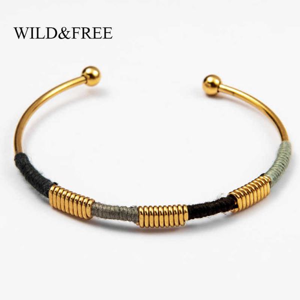 

wild & handmade stainless steel open bracelets for women gold color circle colorful string wrap bangles jewelry q0719, Black