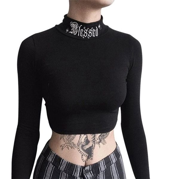 

women black exposed navel crop long sleeve gothic harajuku letter embroidery vintage solid female casual basic 210330, White