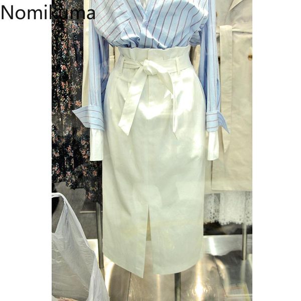 

skirts nomikuma korena elegant women skirt bow tie high waist split 2021 spring causal faldas mujer moda 6f270, Black