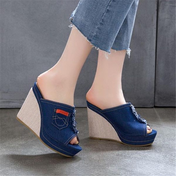

slippers pxelena retro blue denim slides wedge high heel women peep toe punk rock gothic summer jeans shoes lady plus size 36-43, Black