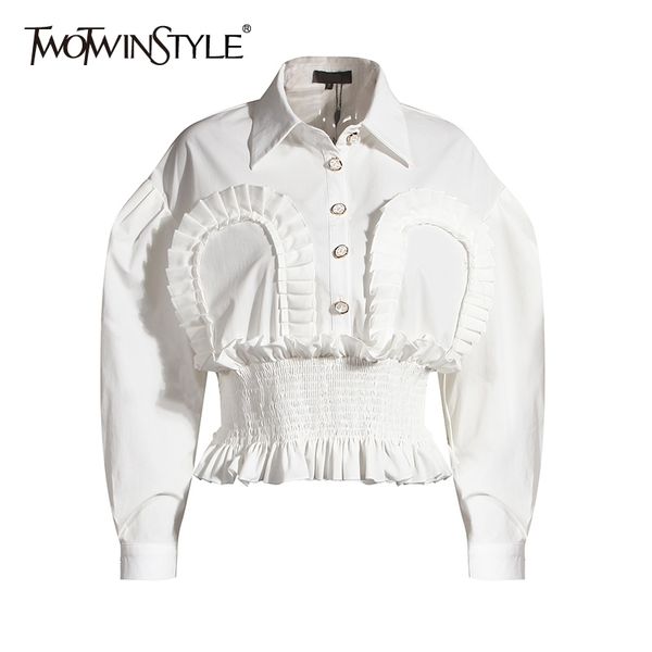 

twotwinstyle vintage patchwork ruched for women lapel puff sleeve tunic elegant shirt femaele autumn fashion new tide 210410, White