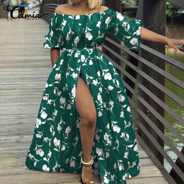 

party dresses celmia off shoulder maxi dress women 2021 summer lantern sleeve sundress floral print buttons casual split vestidos, White;black