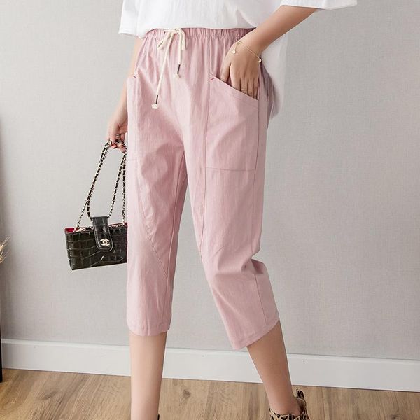 

women's pants & capris women summer calf-length fashion elastic waist cotton linen casual trousers harem, Black;white