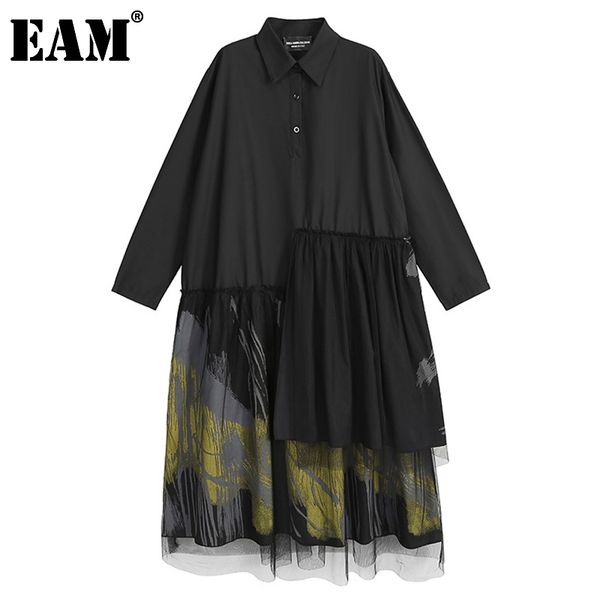 

[eam] women printed mesh irregular big size dress lapel long sleeve loose fit fashion spring autumn 1dd2136 21512, Black;gray