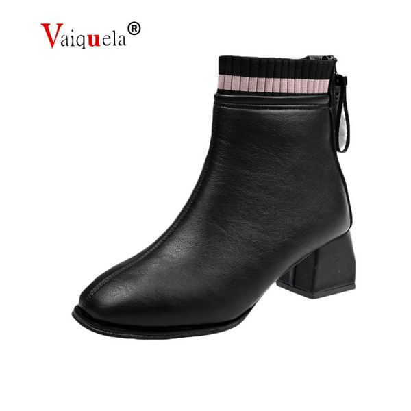

boots leather zipper women's mid-heeled short women korean version fleece thick-heeled, Black