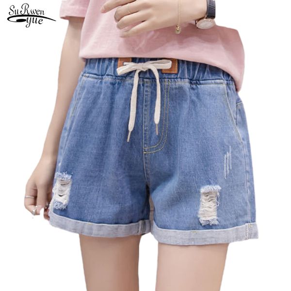 

plus size curling denim shorts women casual elastic waist wide leg loose jeans solid blue female femme 9705 210508, White;black
