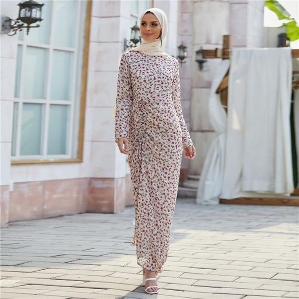 

ethnic clothing eid 2021 summer women ruched fitted hijab dress maxi chiffon floral print muslim dubai turkey arab islamic clothes modesty, Red