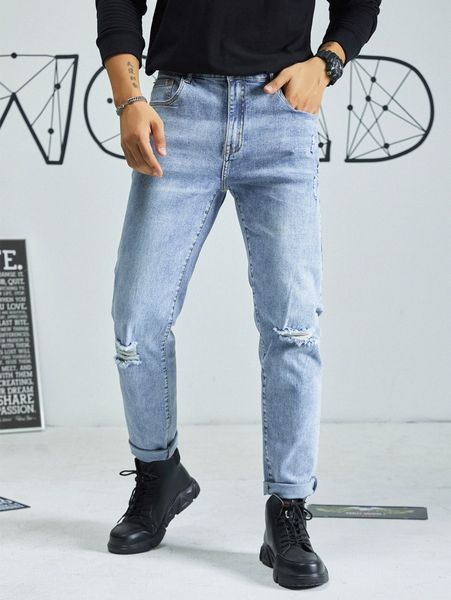 

men ripped frayed light wash tapered jeans j22u#, Blue