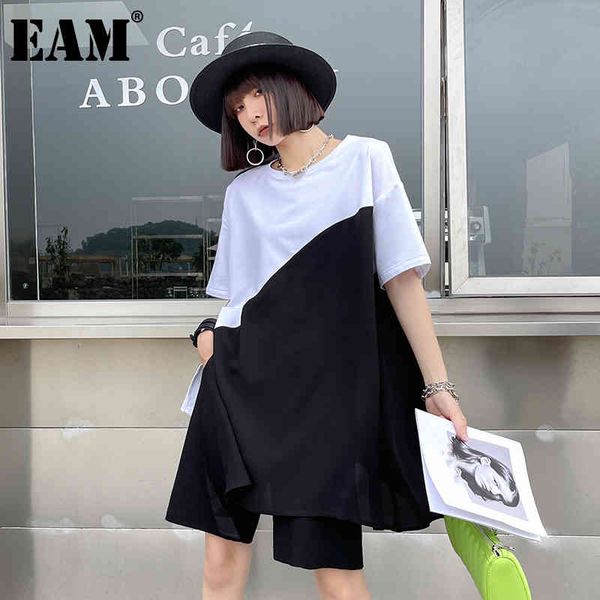 

[eam] women black spliced irregular casual big size t-shirt round neck short sleeve fashion spring summer 1dd8115 210512, White