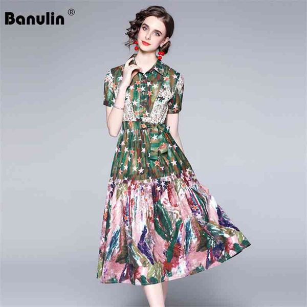 

banulin summer runway shirt dress women's turn down neck art stars graffiti lace up belt holiday midi n68155 210603, Black;gray