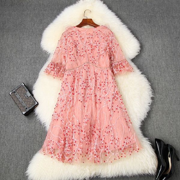 

dress summer fashion lace women v-neck allover exquisite embroidery flare sleeve straight pink purple dress, Black;gray