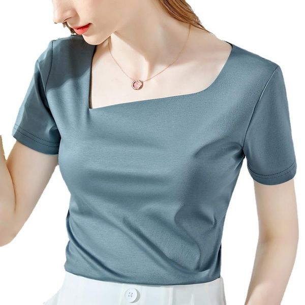 

women's t-shirt 2021summer women short sleeve outfits fashion trend diagonal collar female solid color slim cut elegant ladies tee, White