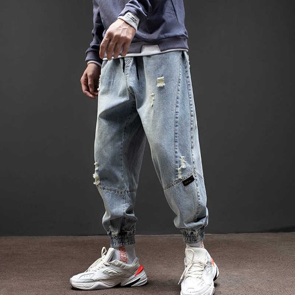 

2021 new jeans men's fashion brand and loose large size elastic hip hop retro harem pants casual high street ankle length pants x0621, Blue