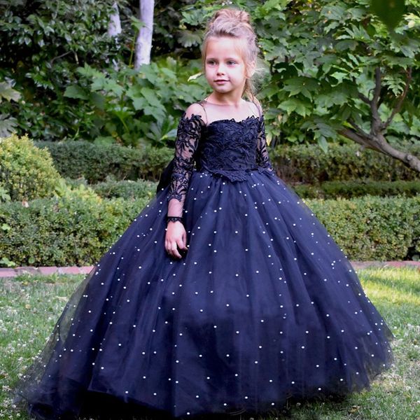 

girl' dresses black pearls ball gown flower girls dress sheer neck long sleeve bow tie decoration little communion, White;blue