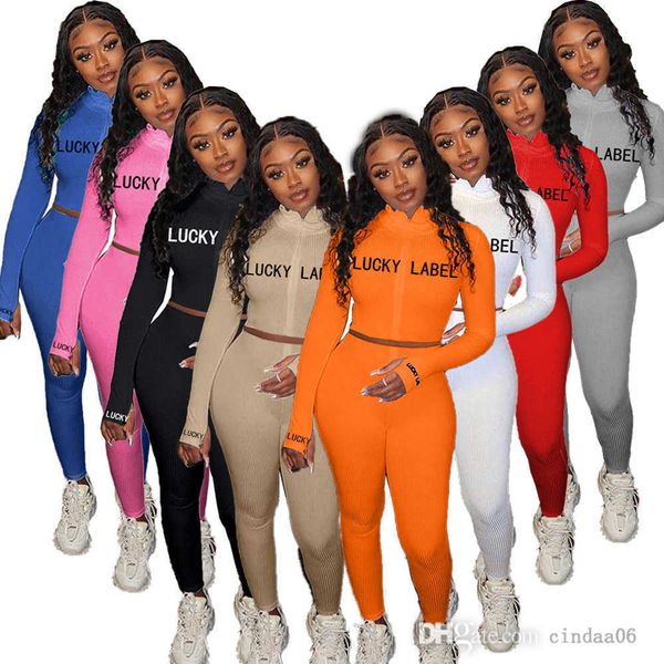 

designer women two piece pants set solid color embroidery letters zipper long sleeve high collar bodysuit leggings outfits, White