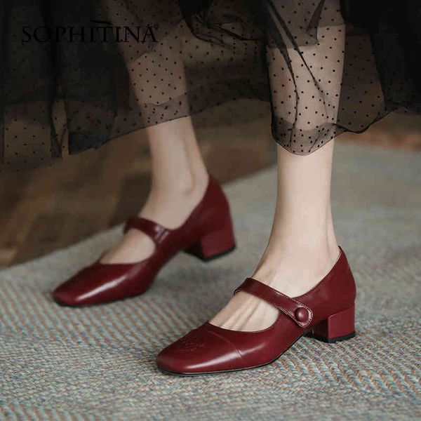 

sophitina concise women's shoes mary jane camellia embroidery handmade genuine leather shoes one-word buckle female pumps ao381 210513, Black