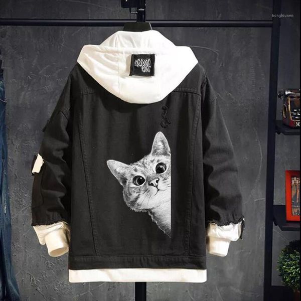 

men's jackets kawaii gray cat print denim jacket men funny oversized hoodie jean fashion couple clothes streetwear spring autumn hoody, Black;brown