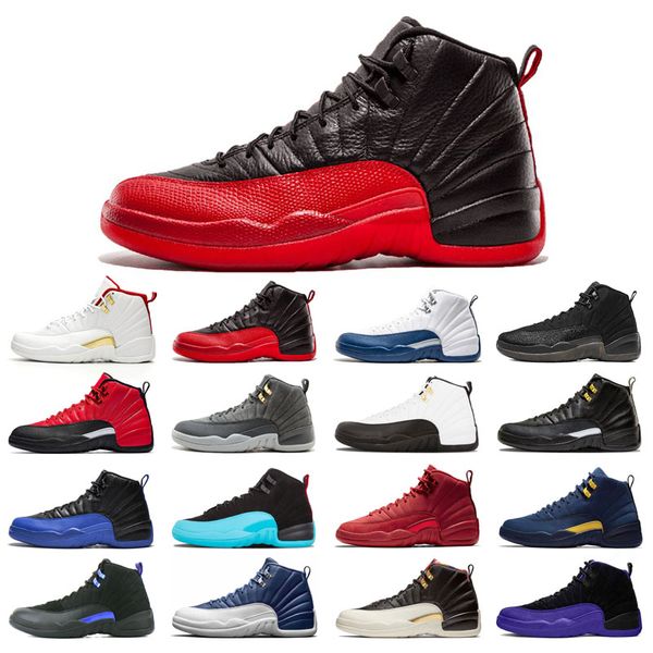 

with box 12s basketball shoes 12 for man black purple bulls dark grey flu game french blue winterized wings utility university gold michigan