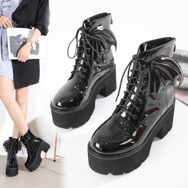 

boots women wing ankle platform black gothic winter autumn lace up thick square high heel zip round toe leather punk shoe 2021