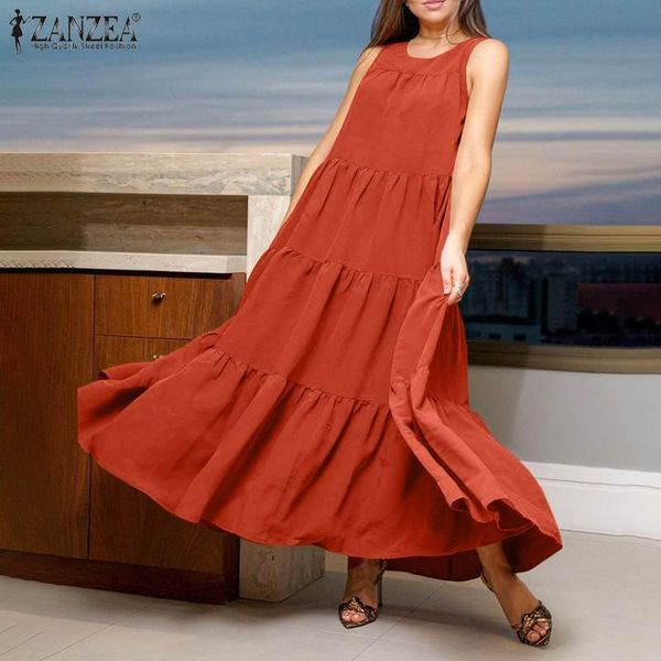 

casual dresses 2021 zanzea fashion women tank dress summer ruffle maxi vestido solid sleeveless long sundress lady loose robe, Black;gray