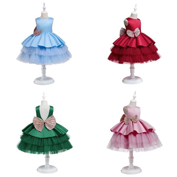 

children princess dress cake skirt bow weave short sleeve shawl girl full dresses beautiful baby wedding party elegant fashion 45jl y2, Red;yellow