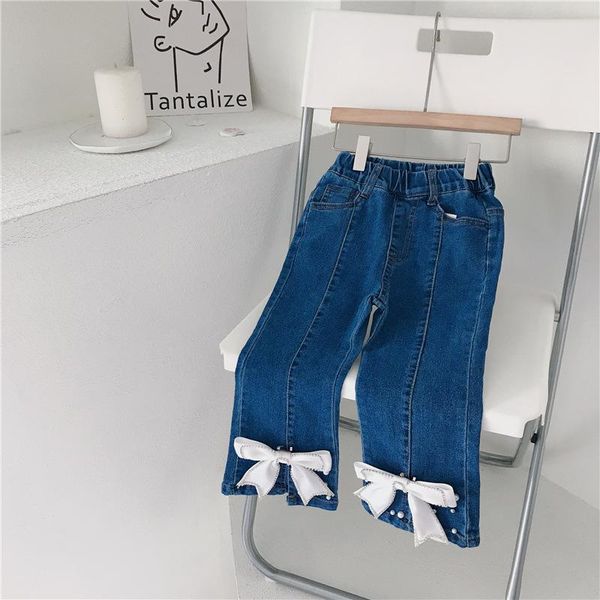

trousers girls korean style bow flared pants with pearl slits baby girl toddler fall born clothes, Blue