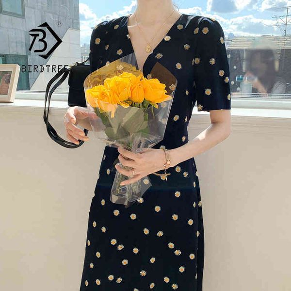 

summer women's korean style vintage floral midi dress high waist a-line elegant short sleeve v neck dresses with belt d13919x 210416, Black;gray