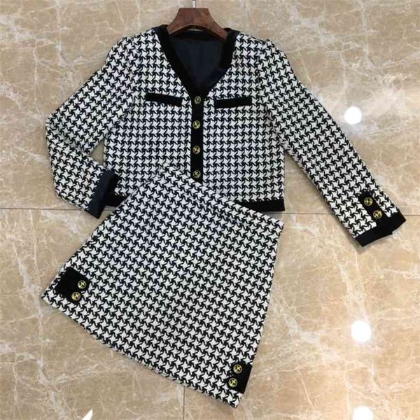 

korean houndstooth vintage knitted two piece set women sweater cardigan coat + bodycon skirts suits casual skirt and sets 210514, White