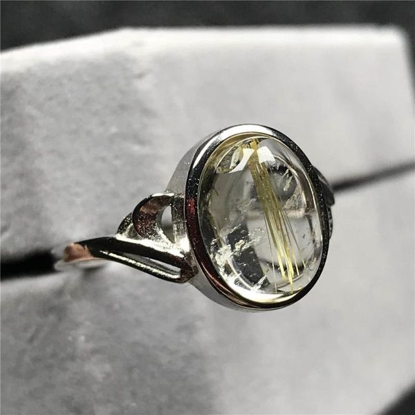 

cluster rings 12x10mm genuine natural gold rutilated quartz ring jewelry for woman lady man crystal beads silver stone adjustable, Golden;silver