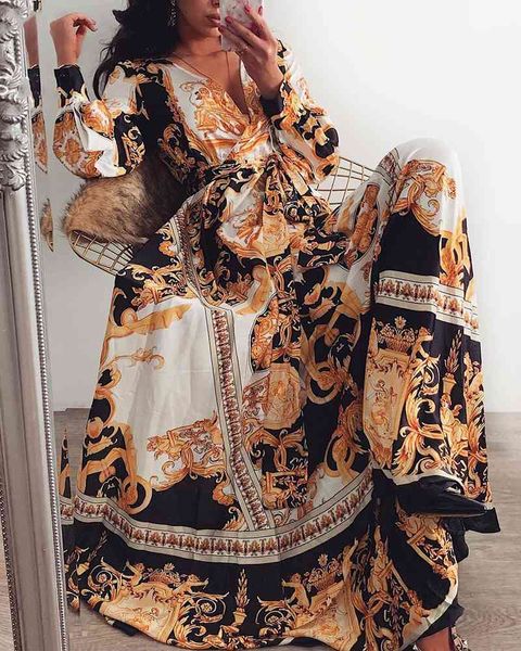 

2019 pullover evening v-neck long print sleeve wide swing split dress, White;black