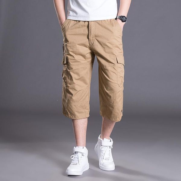 

men's shorts summer baggy multi pocket zipper cargo breeches male long army green khaki men tool work short bermuda big size 5xl, White;black