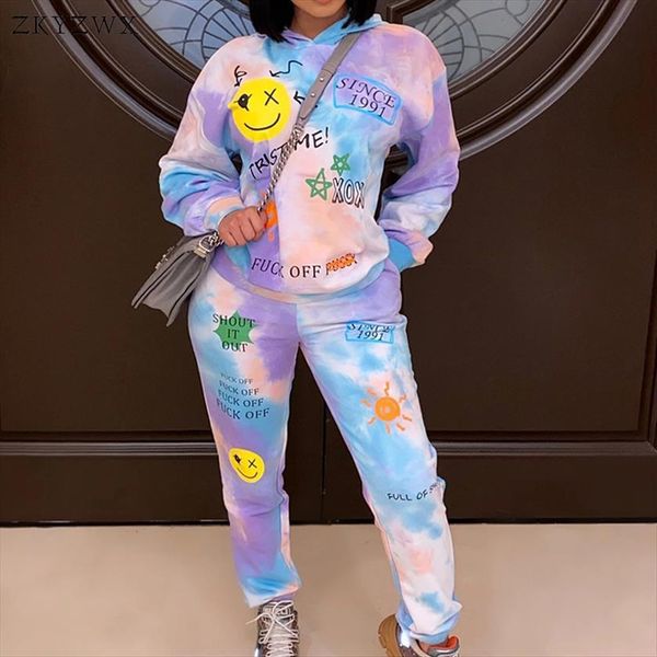 

hoodies tracksuit 2 piece set womens pants winter smiley clothes long sleeve and sweatpants loung wear tie dye outfits, White