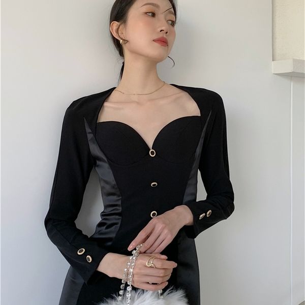 

casual dresses black bodycon for women party tunic strapless long sleeve pathwork night club dress elegant autumn winter yjb3, Black;gray