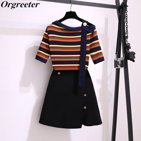 

one-sided off-shoulder strap button colored stripes knitted short-sleeved high waist single-breasted mini a-line skirt sets 210525, White