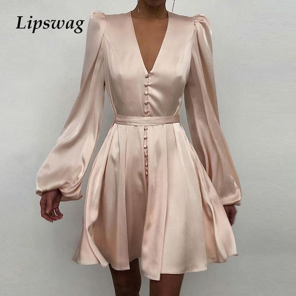 

casual dresses 2021 spring vintage solid satin party women elegant button design v-neck mini dress ladies long sleeve vestidos, Black;gray